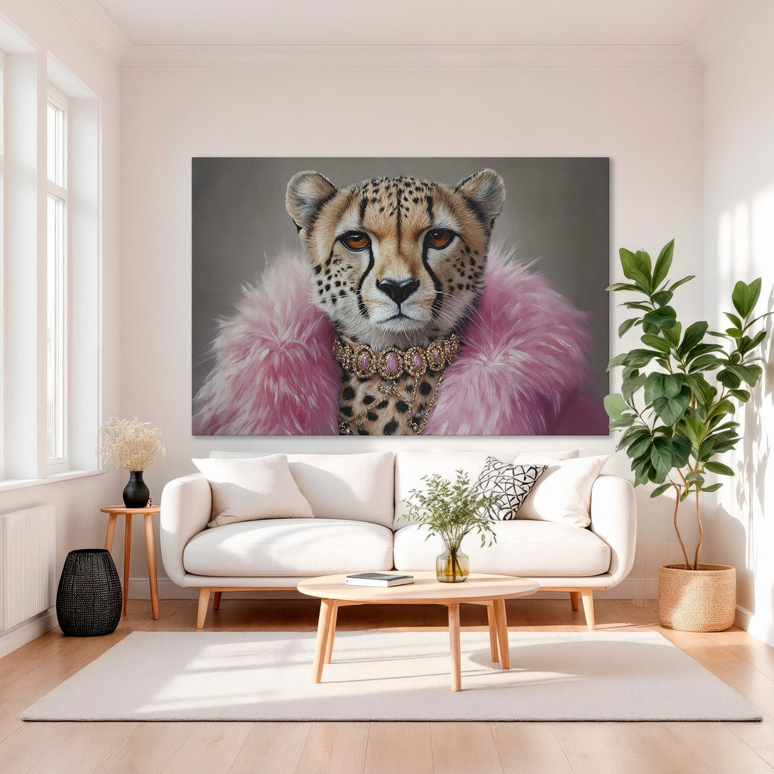 Framed Wall Art: Glamorous cheetah portrait in pink fur, gold frame. Chic decor with a neutral & gold interior. Elevate your space with this statement piece.