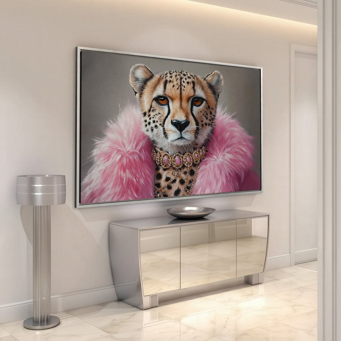 Framed Wall Art: Glamorous cheetah portrait in pink and gold. Modern art for a stylish interior. Add a touch of luxury to your home decor!