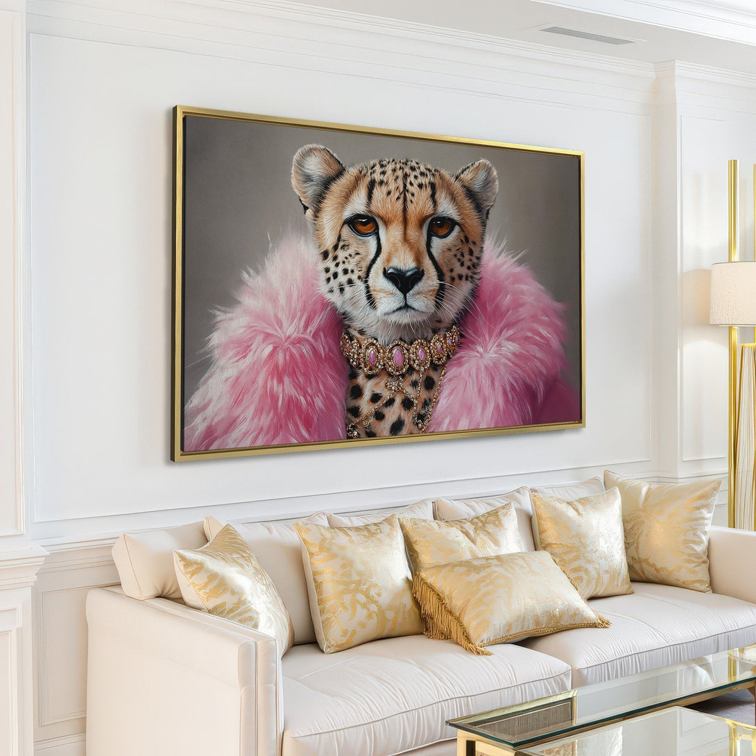 Canvas Print of a cheetah in a pink fur coat, displayed in a modern interior. Neutral tones with pops of pink and gold.
