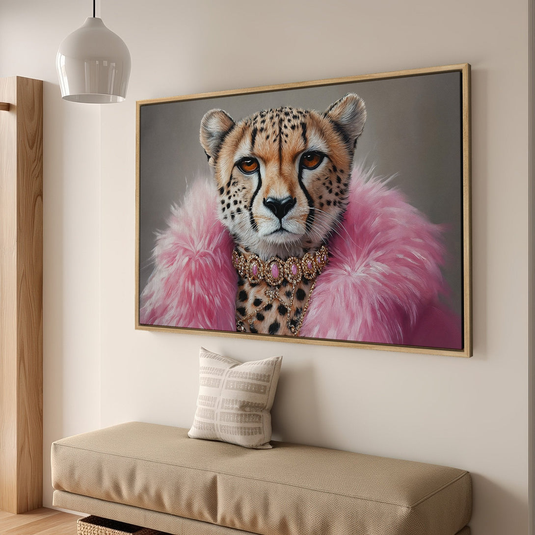 Framed Wall Art: Glamorous cheetah portrait in pink and gold, a stylish addition to any interior. Modern art with a touch of luxury.