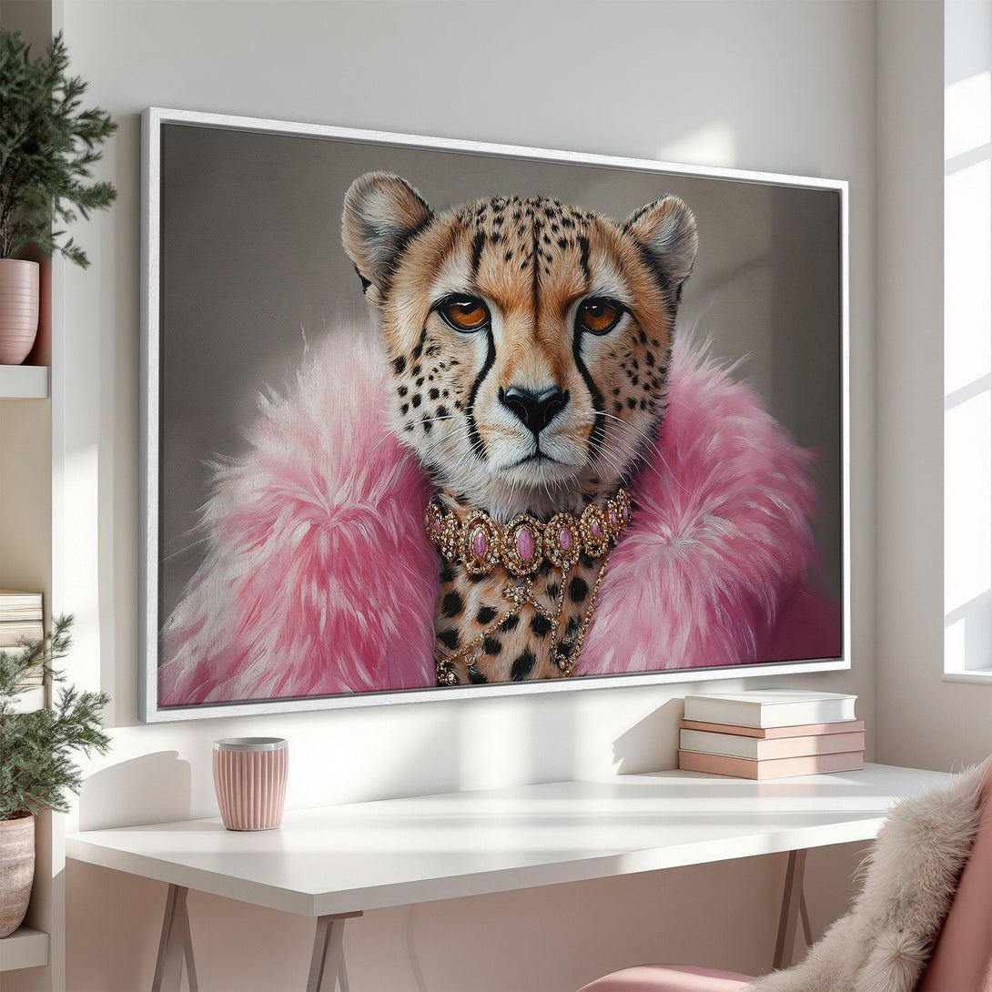 Framed Wall Art: Glamorous cheetah portrait in pink and gold. Chic animal print canvas print for modern home decor.
