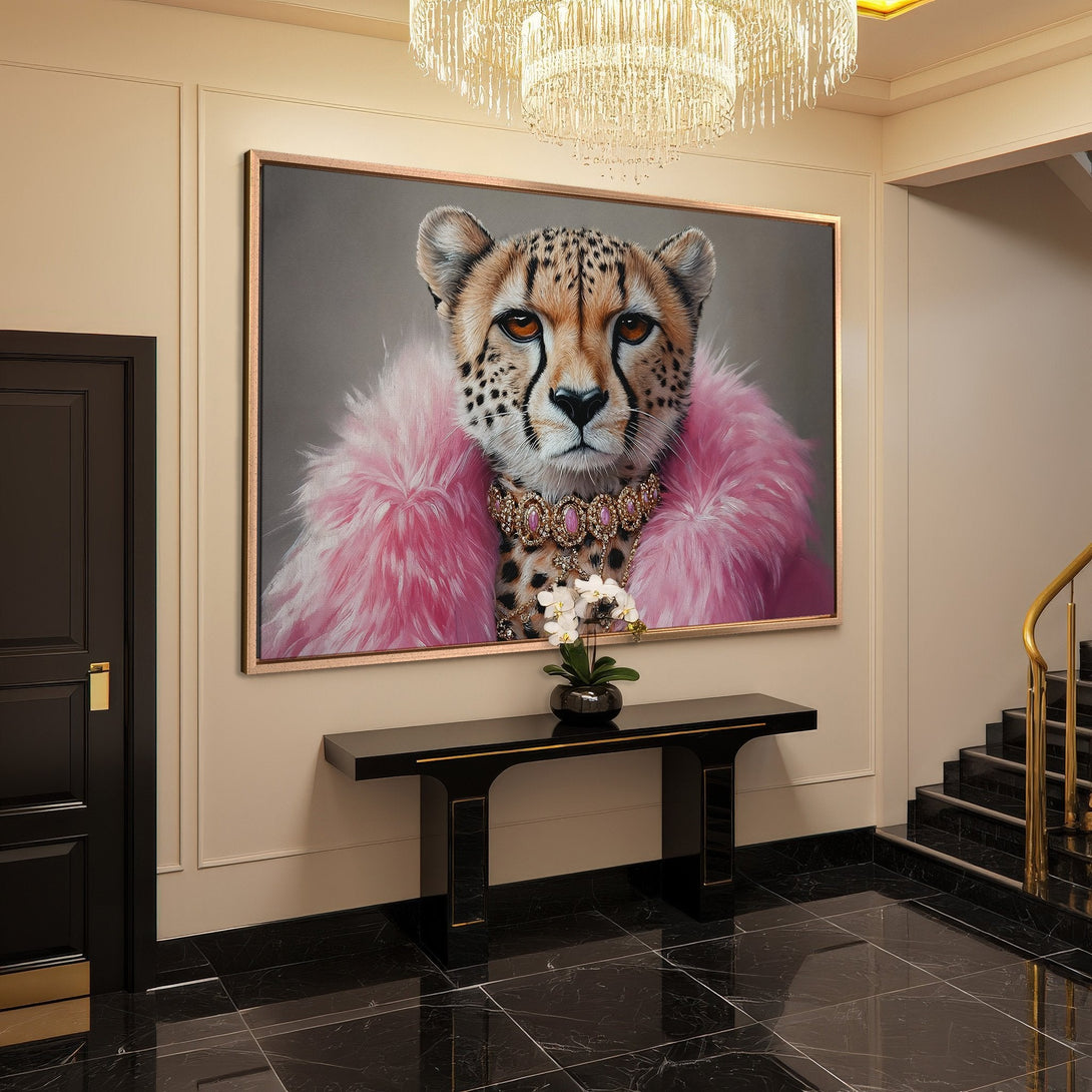 Framed Wall Art: Glamorous cheetah portrait in pink and gold. Add a touch of luxury to your home with this stunning canvas print!