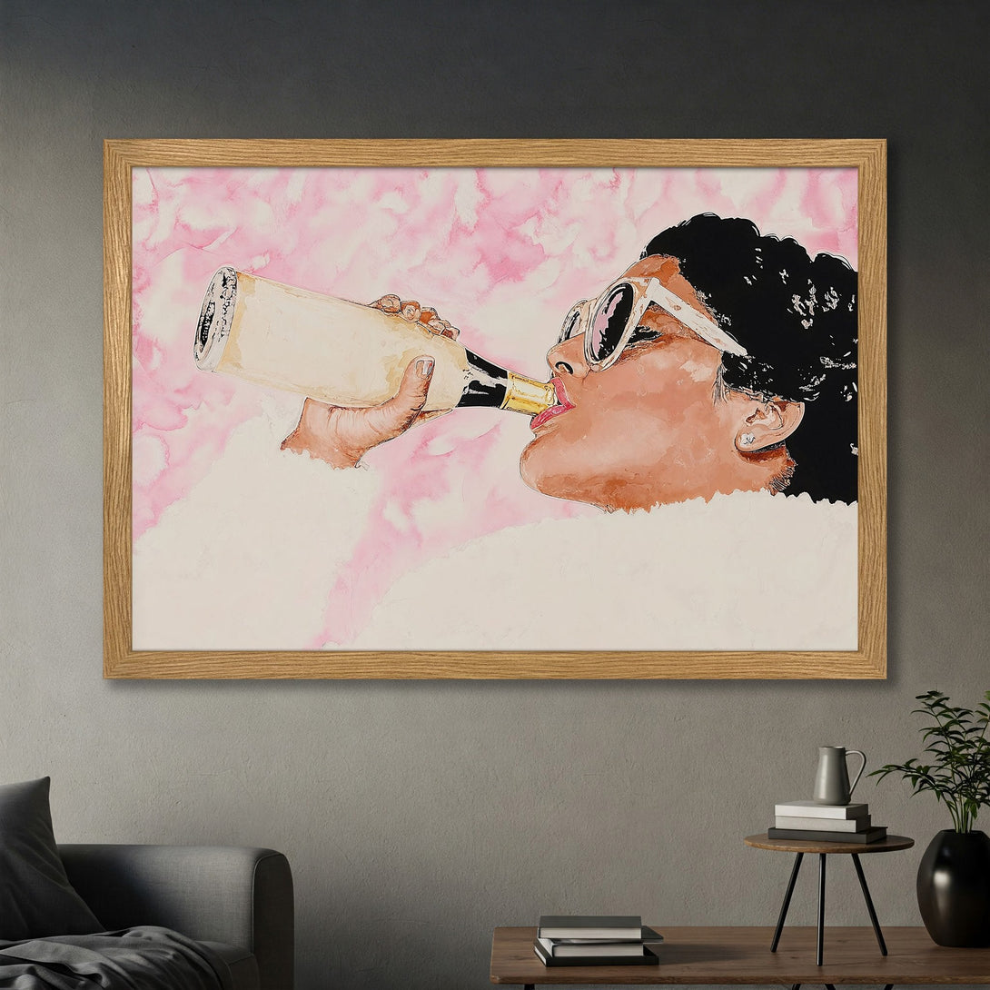 Framed Poster of woman drinking champagne, watercolor style, pink & neutral tones. Perfect wall art for your home!
