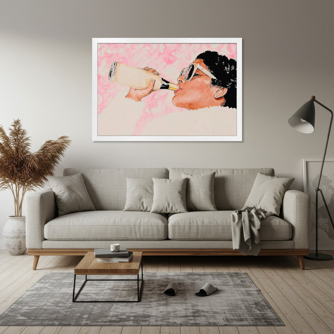 Framed Poster of woman drinking champagne, watercolor style, pink & neutral color palette. Add a touch of luxury to your home!