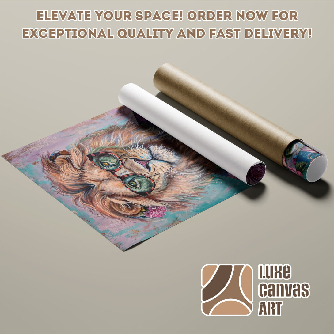 Lion Poster Roll art print, vibrant colors, whimsical style, perfect for home decor.