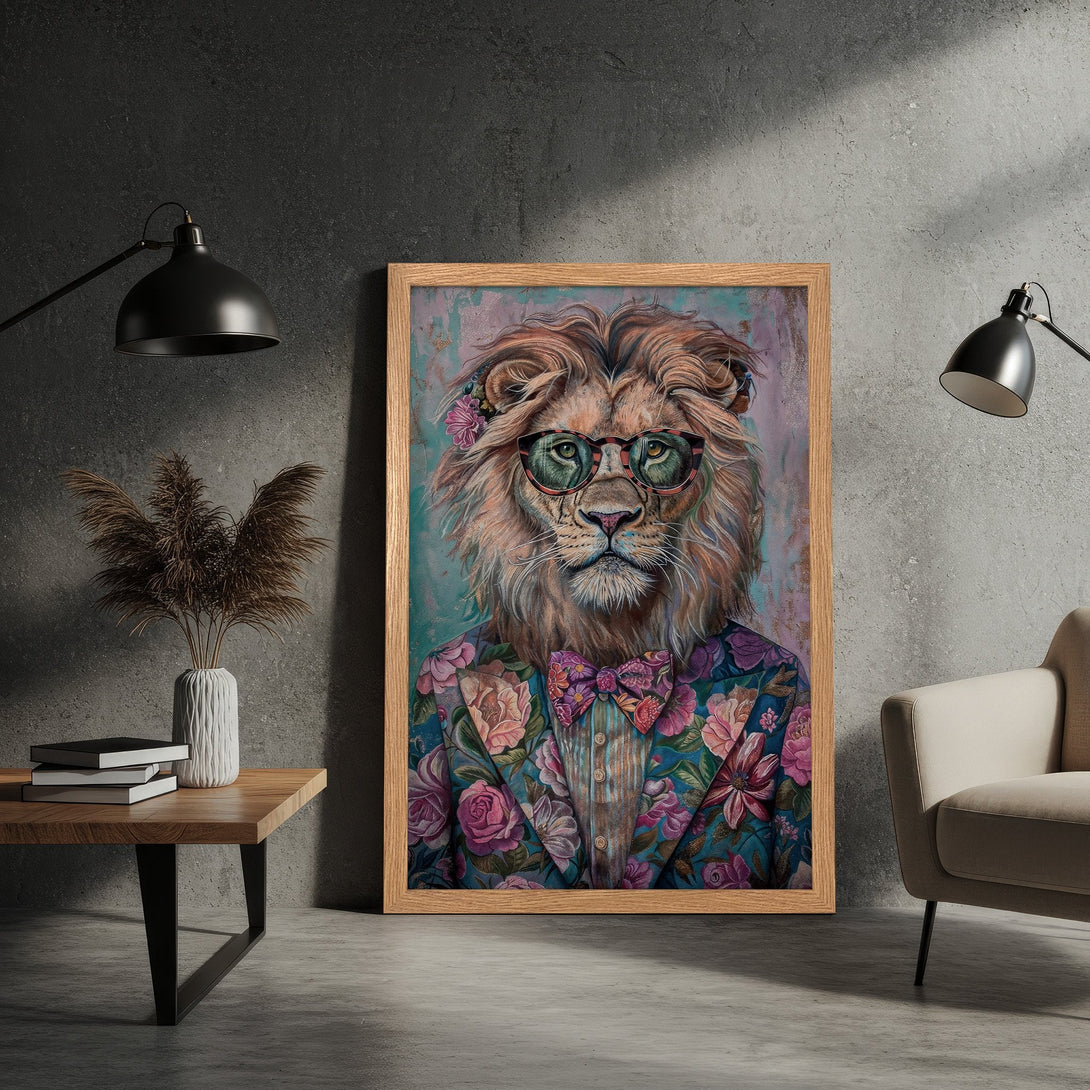 Framed Poster featuring a dapper lion in floral suit, artistic style, with a teal, pink, and brown color palette. Add a touch of whimsy to your space!