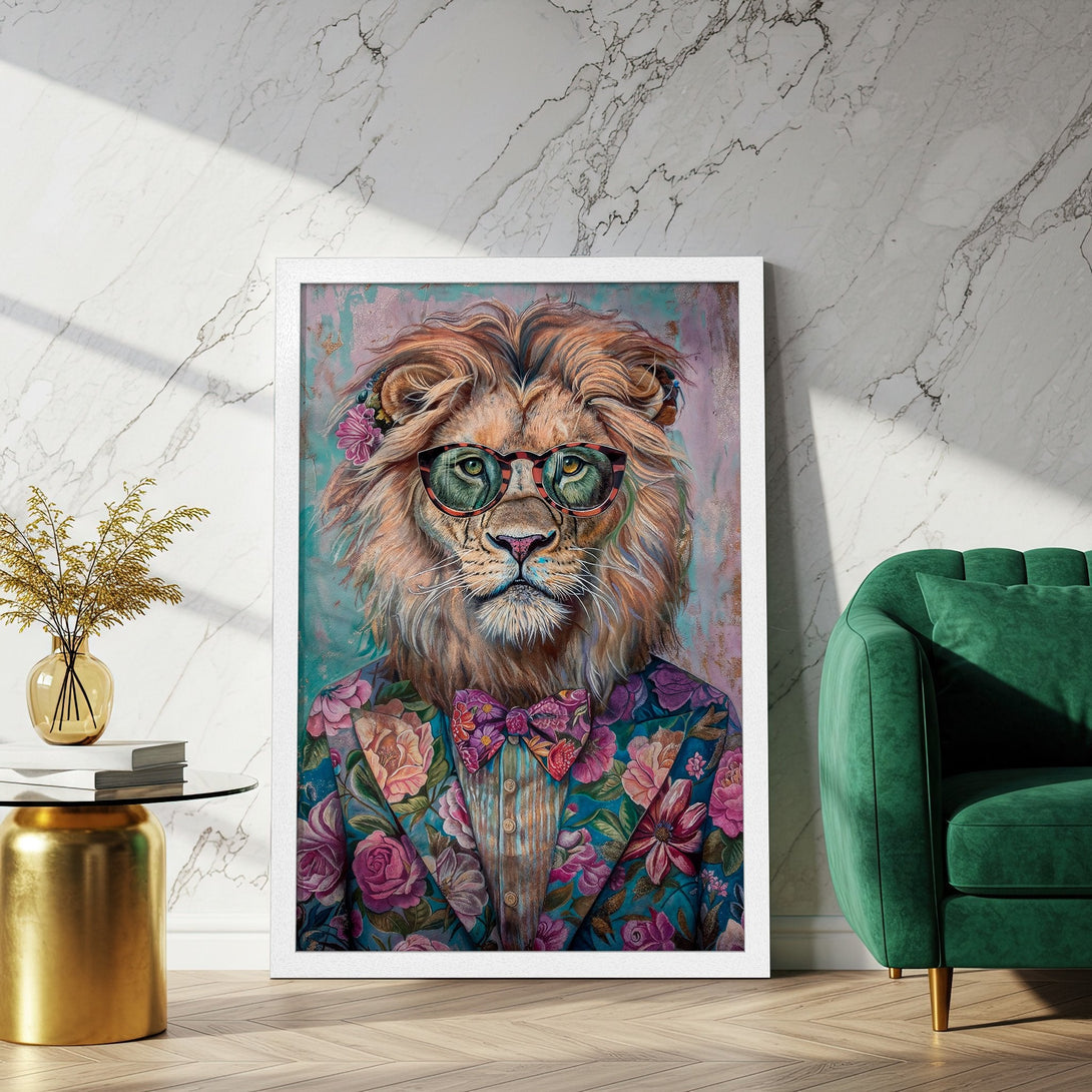 Framed Poster featuring a stylish lion in a floral suit. Artistic, colorful palette with teal, pink, and gold accents. Perfect wall art!