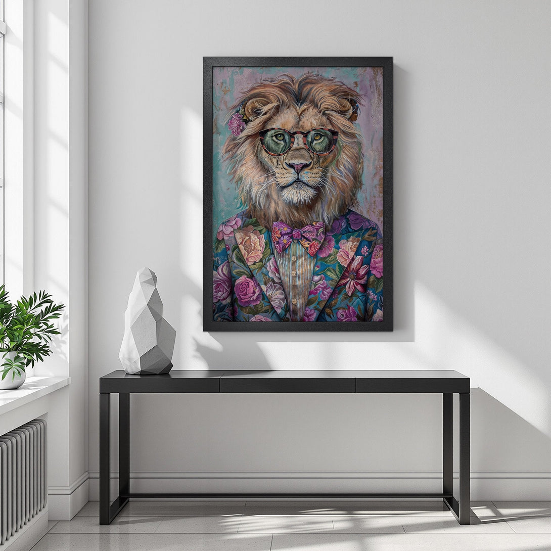 Framed Poster featuring a dapper lion in a floral suit. Stylish artwork with a vibrant, colorful palette, perfect for home decor.