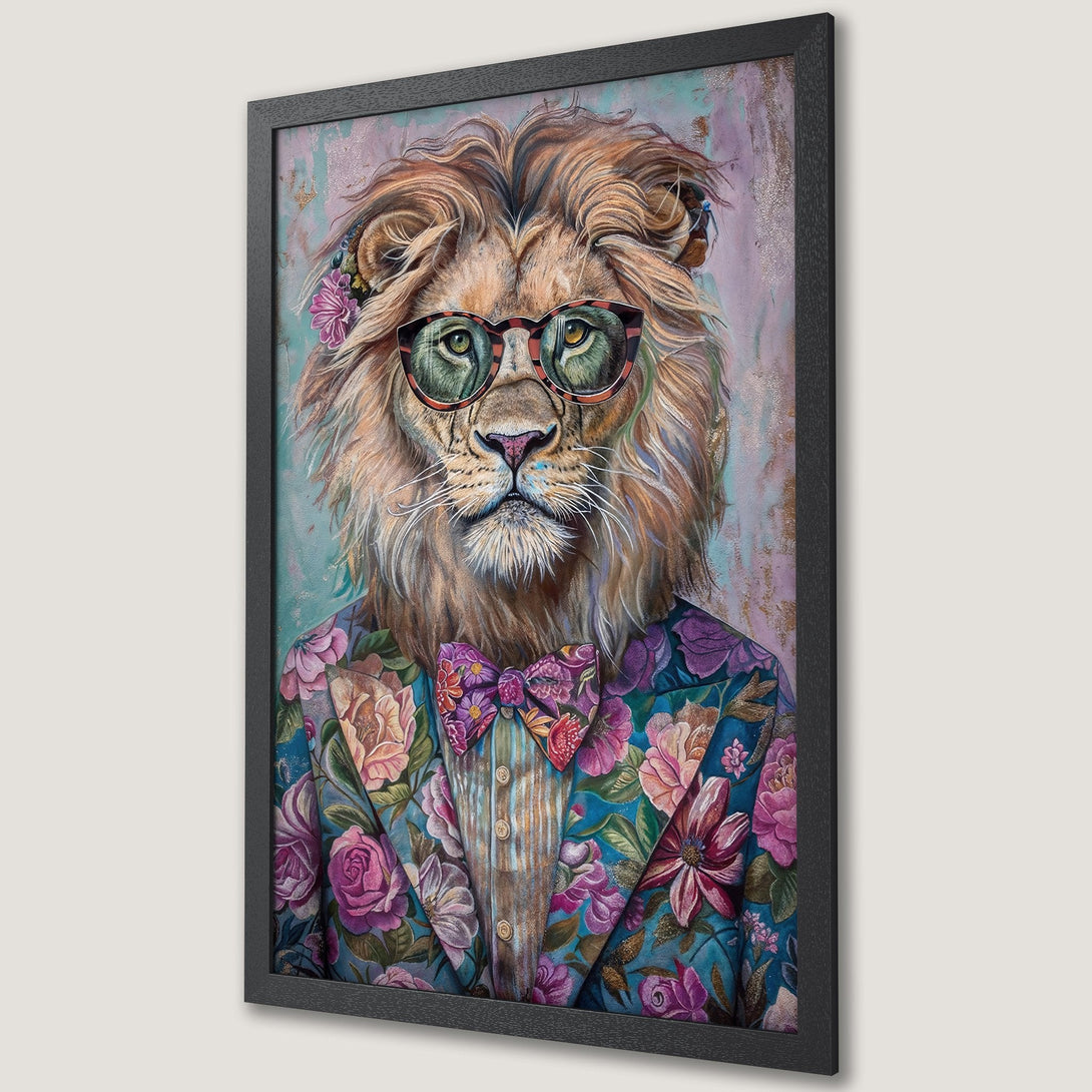 Framed Poster featuring a dapper lion in floral suit, colorful palette. Perfect wall art for a stylish home.