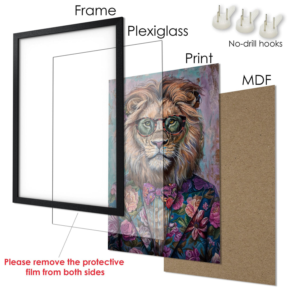 Framed Poster featuring a dapper lion in a floral suit. Artistic style with a vibrant, colorful palette. Perfect for adding personality to your space!