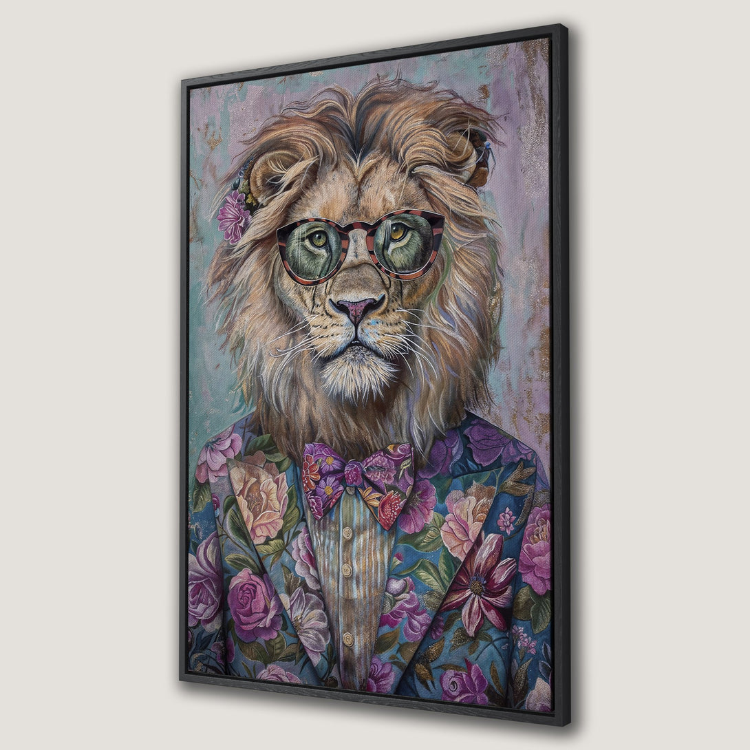 Framed Wall Art: Stylish lion portrait in a floral suit and glasses. Vibrant, whimsical art with a blue, purple, and gold color palette. Perfect wall decor!