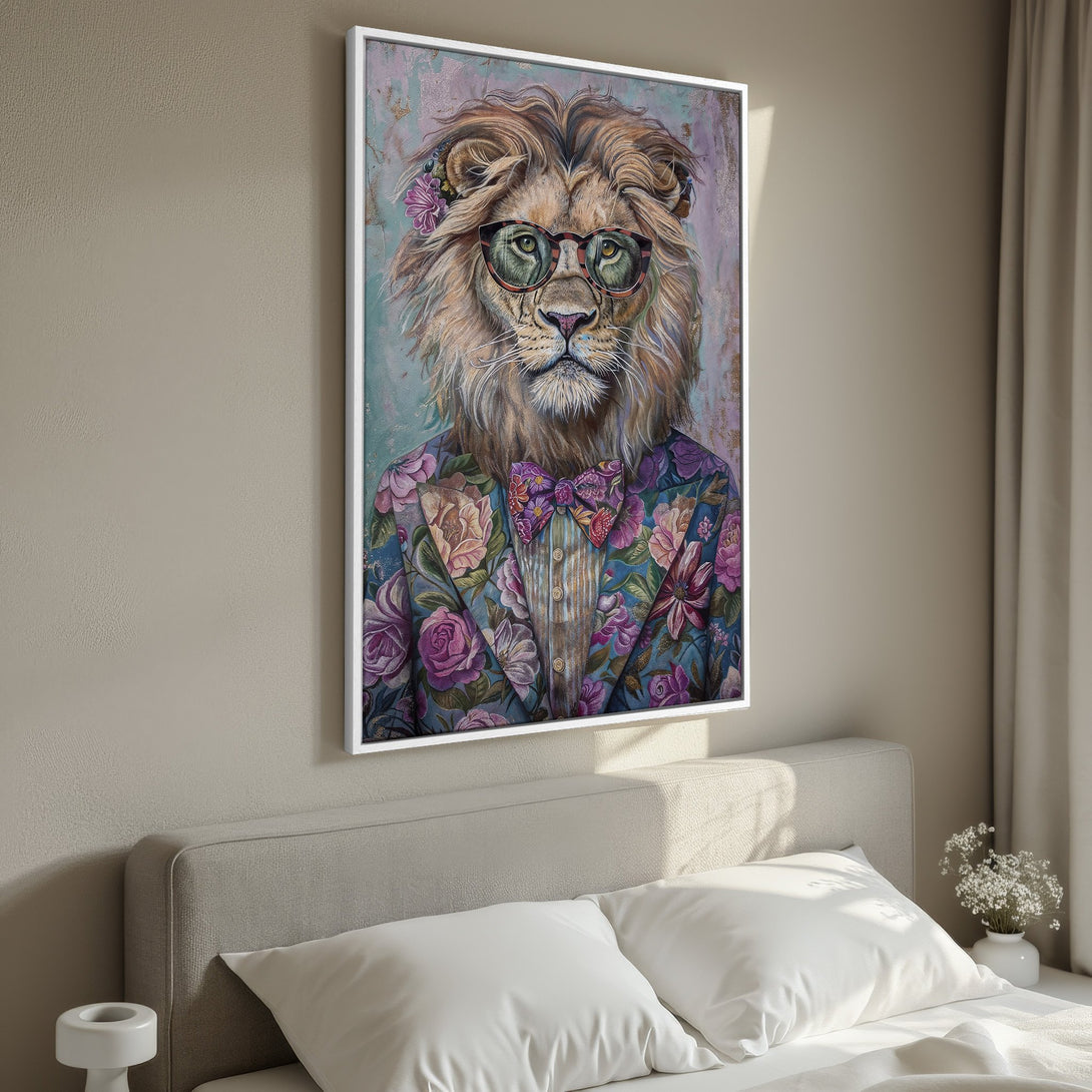 Framed Wall Art: Hipster lion portrait with floral suit, glasses, and bow tie. Colorful, whimsical art with a teal, purple, and gold palette. Perfect bedroom decor.