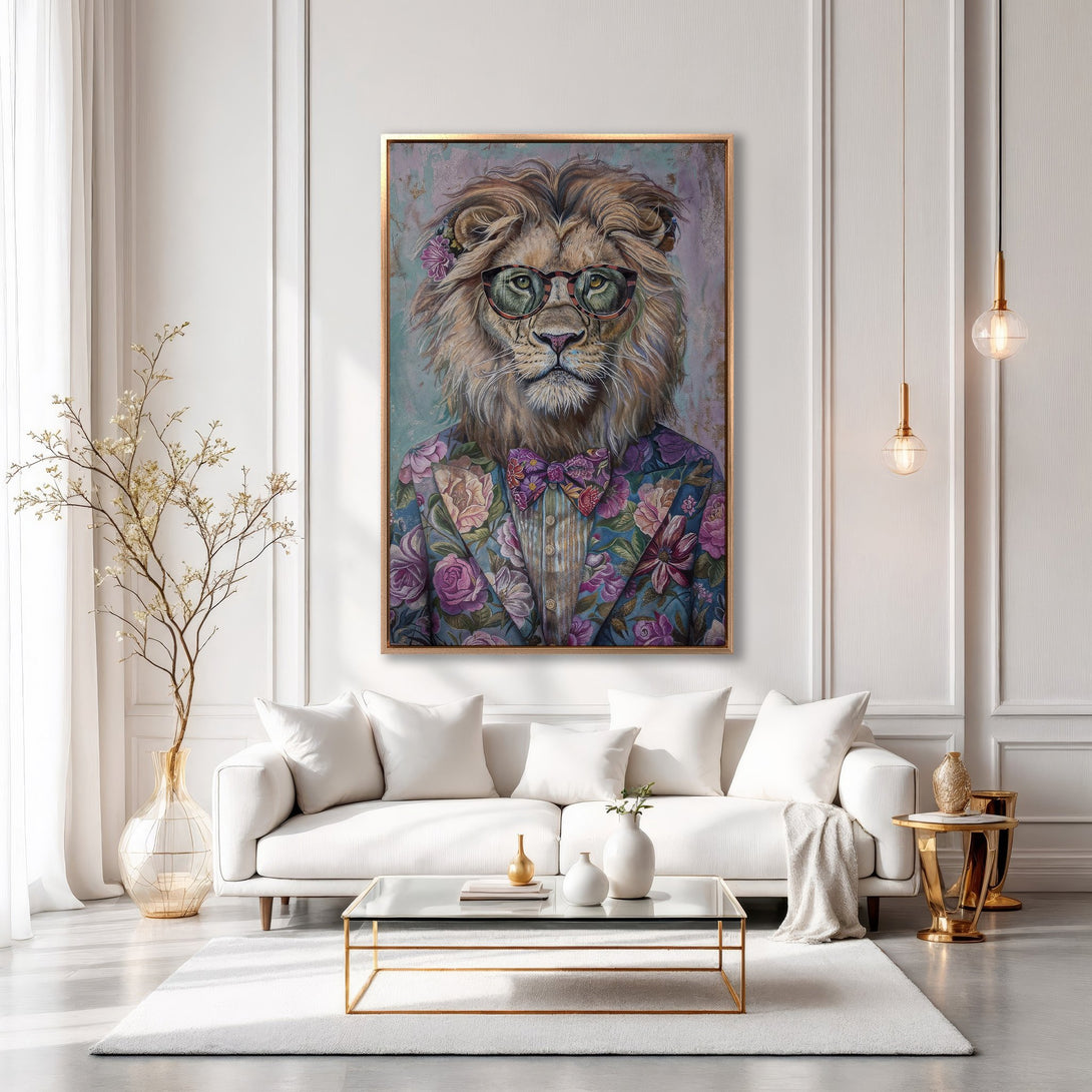 Framed Wall Art: Stylish lion portrait in a floral suit. Modern art with a gold frame, set in a bright, neutral-toned interior. Perfect for home decor.