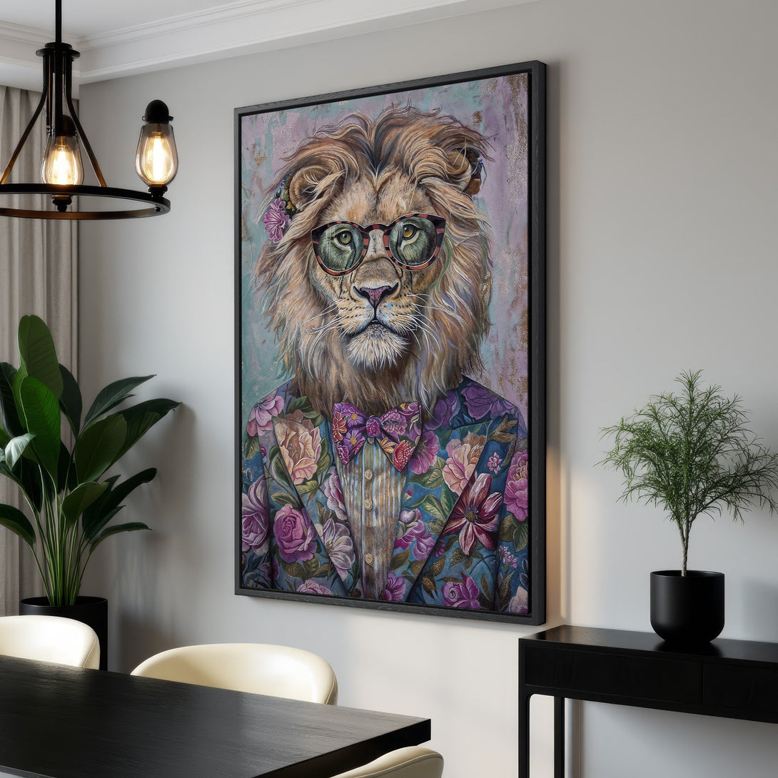Framed Wall Art featuring a dapper lion in a floral suit. Vibrant, whimsical artwork with a teal, purple, and brown color palette. Perfect statement piece!