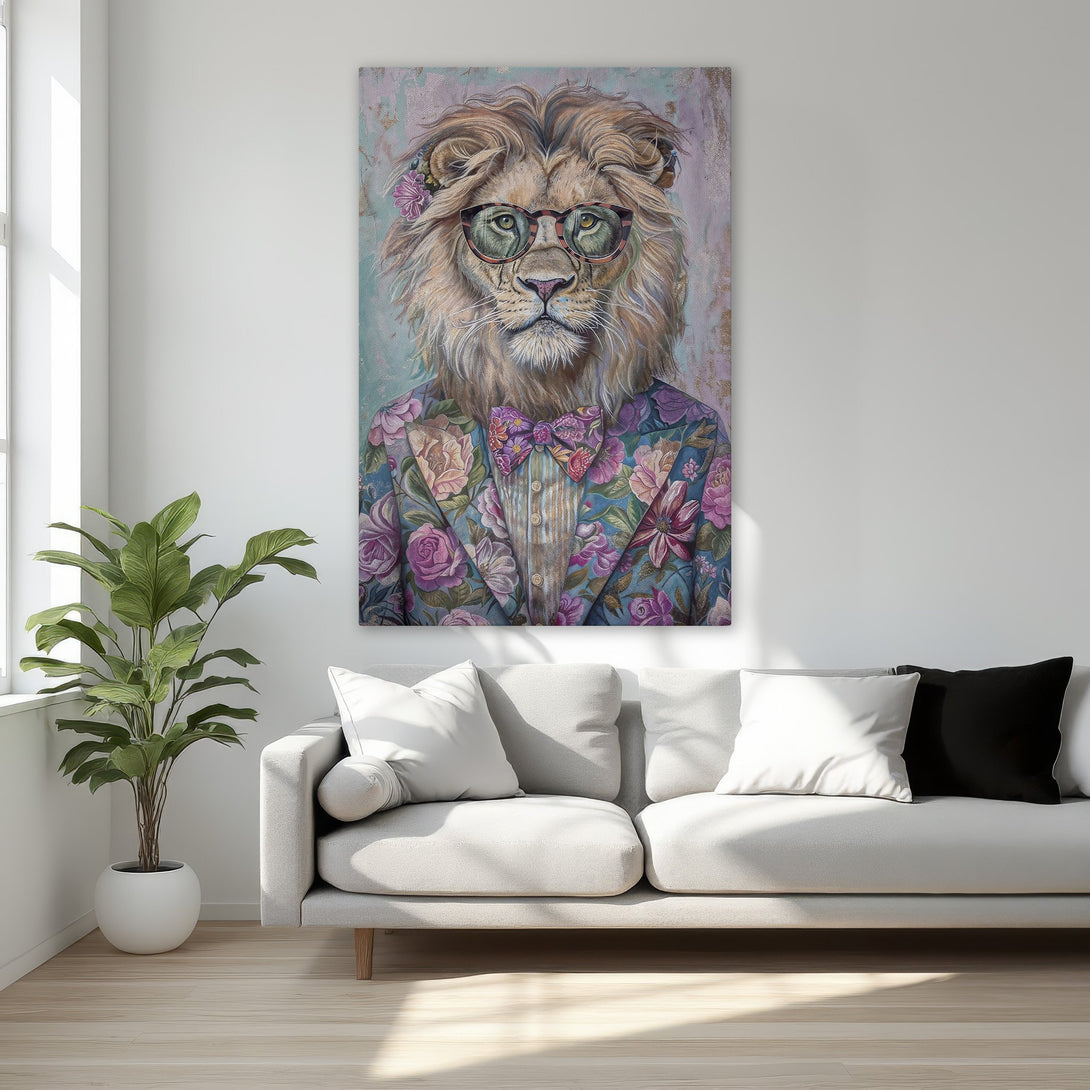 Framed Wall Art: Hipster lion portrait with floral suit, cool glasses, and a vibrant, colorful palette. Perfect for adding personality to any space!