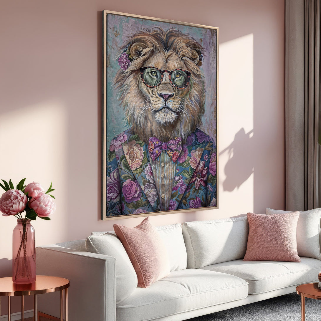 Framed Wall Art: Stylish lion portrait in a floral suit, with a soft pink and teal color palette, perfect for adding personality to your space.