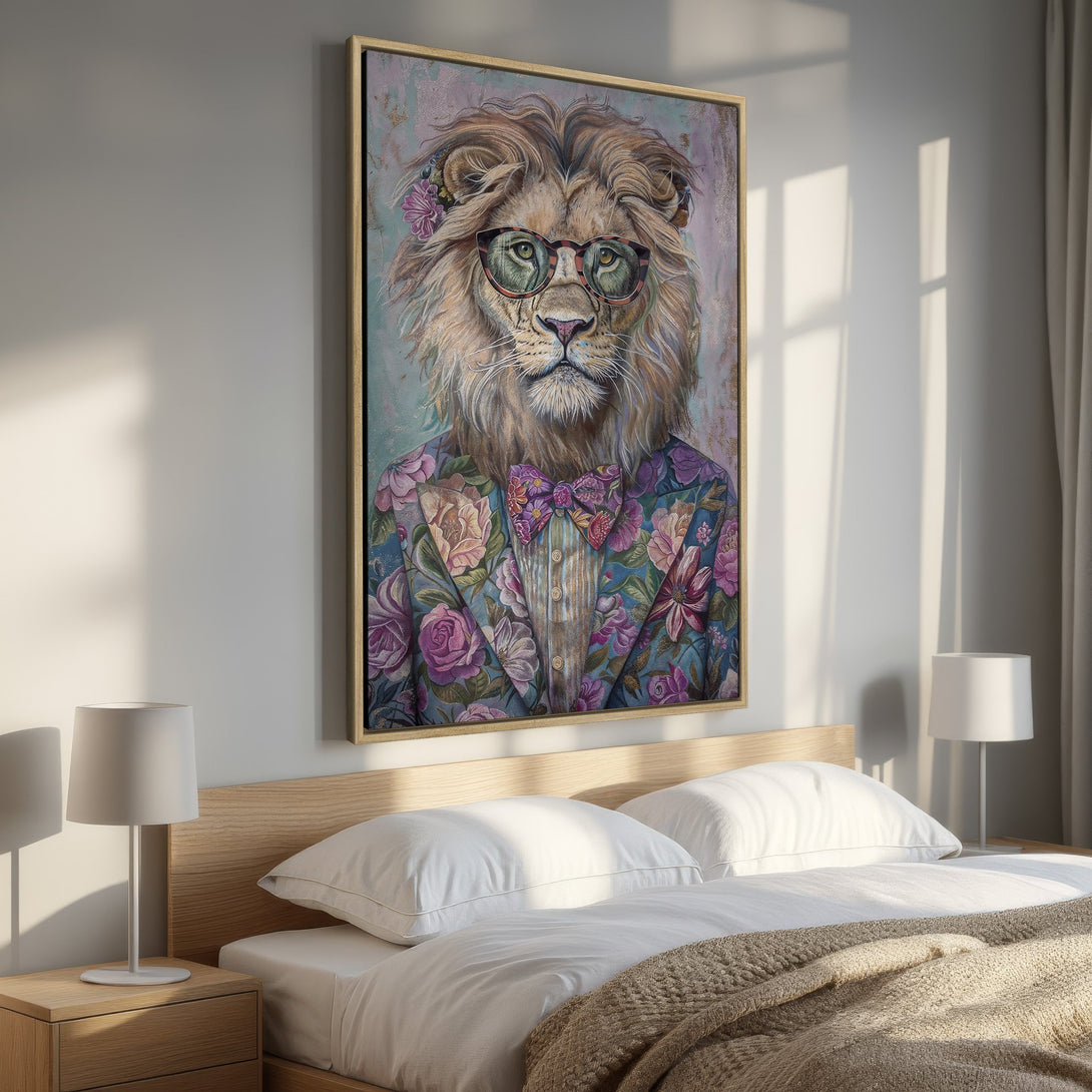 Framed Wall Art: Hipster lion portrait with floral jacket. Pastel color palette. Perfect bedroom decor. Add a touch of whimsy to your space!