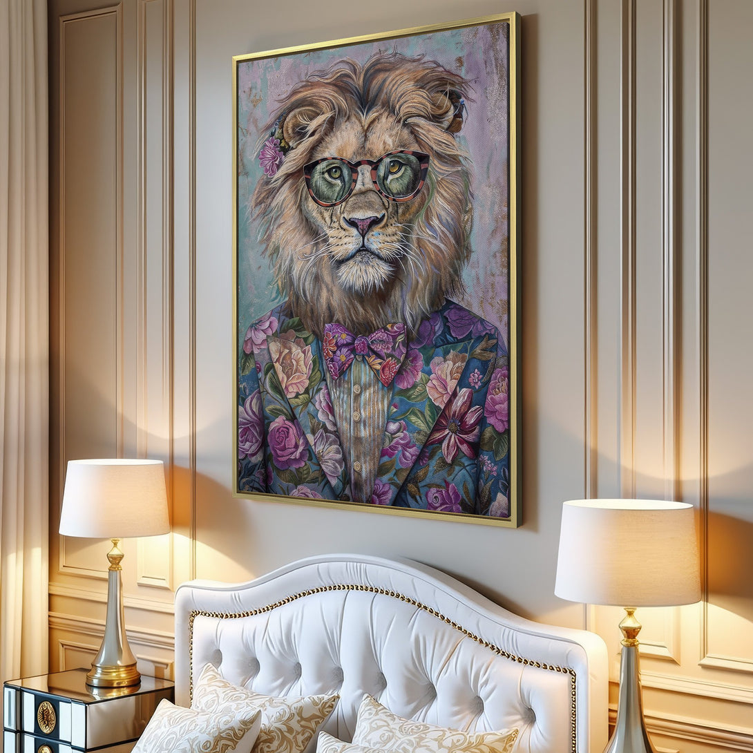 Canvas Print of a dapper lion in a floral suit, whimsical style. Features a soft color palette with blues, purples, and golds. Perfect wall art!
