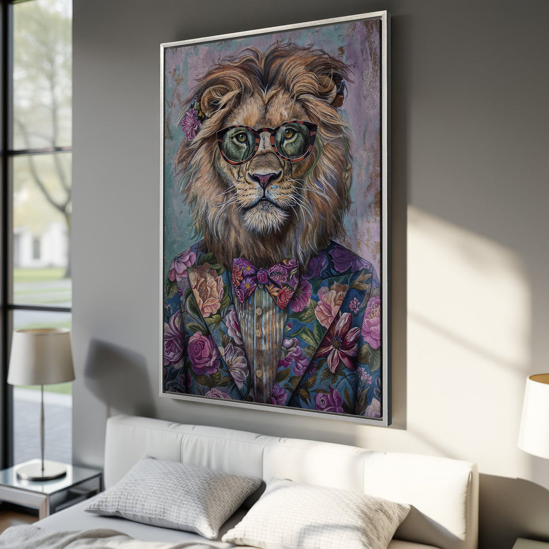 Framed Wall Art featuring a dapper lion in a floral suit. Artistic style with a vibrant, colorful palette of blues, purples, and greens, perfect for home decor.