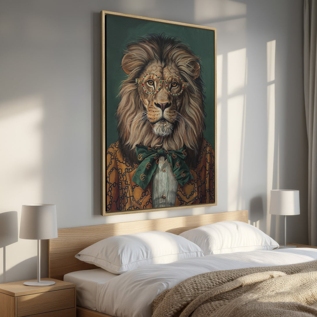 Framed Wall Art: Regal lion portrait in a bedroom. Features a whimsical, vintage style with a green, gold, and brown color palette. Perfect for adding character!