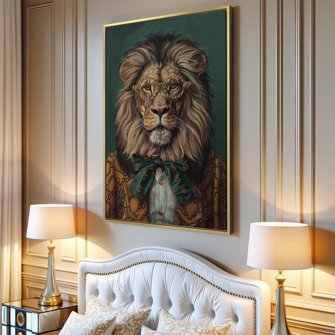 Canvas Print featuring a dapper lion in a gold and green color palette, perfect for adding a touch of whimsy to your home decor.