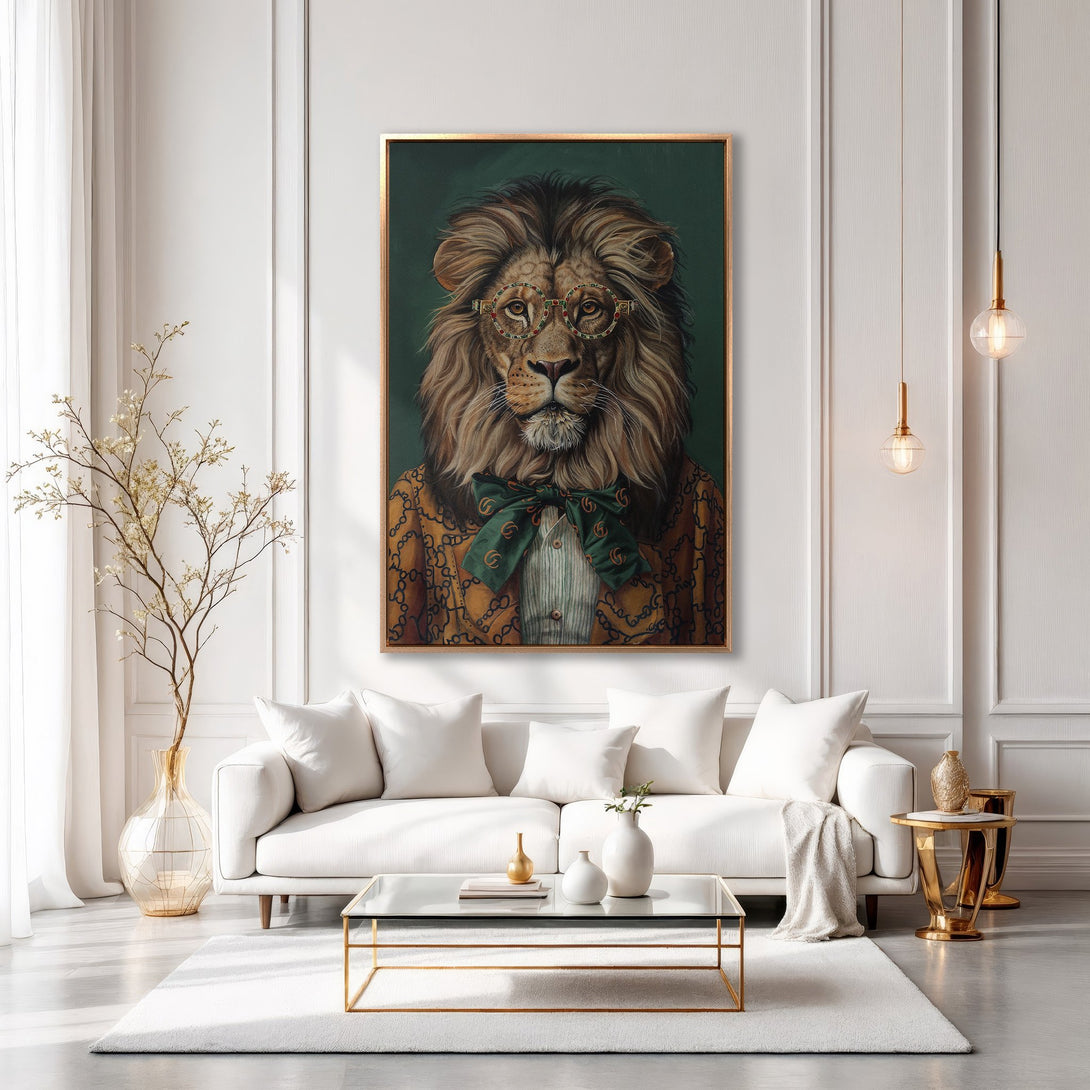 Framed Wall Art: Regal lion portrait in a luxury interior. Earthy tones, gold frame, and a sophisticated, stylish aesthetic. Perfect for adding character!