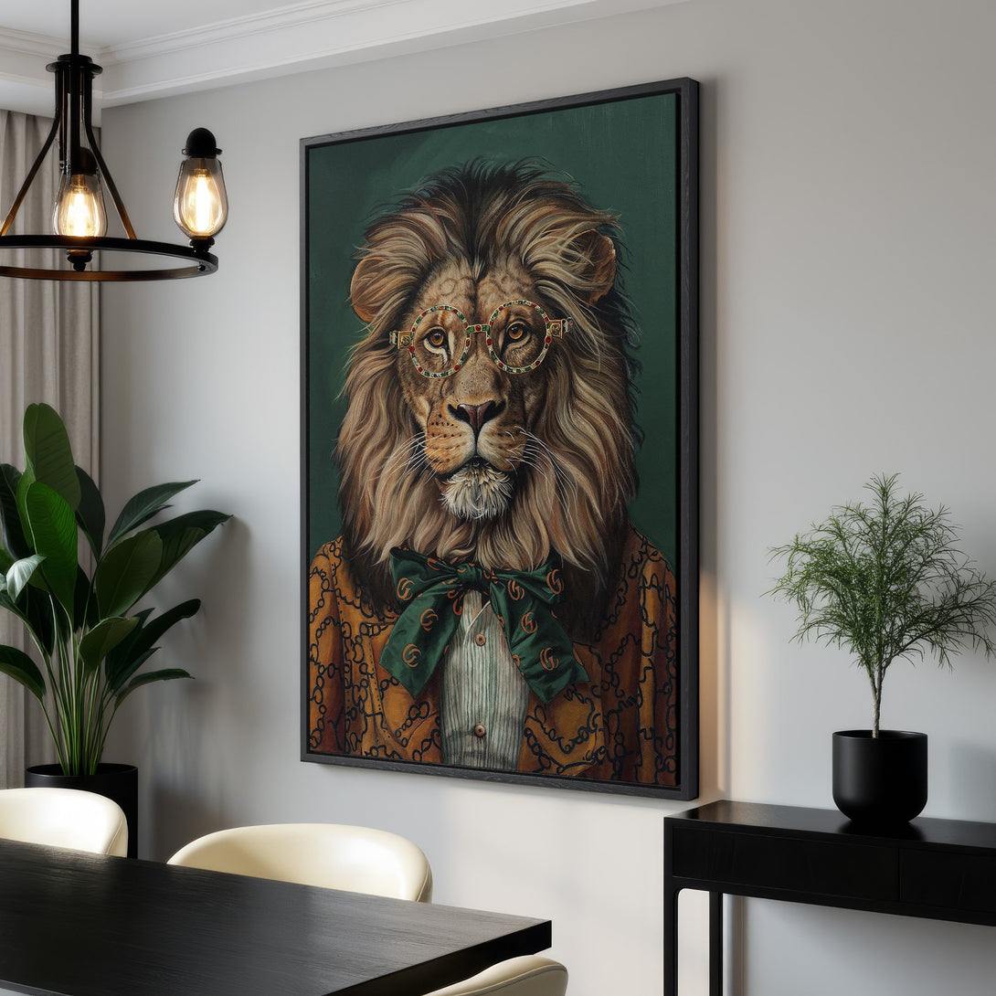 Framed Wall Art: Dapper lion portrait in a modern interior. Earthy tones and green background create a stylish, eye-catching canvas print.