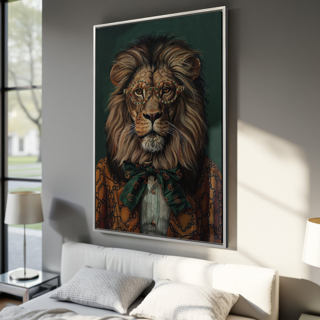 Framed Wall Art: Dapper lion portrait in a stylish interior. Earthy tones with a pop of green. Perfect for adding personality to any space.