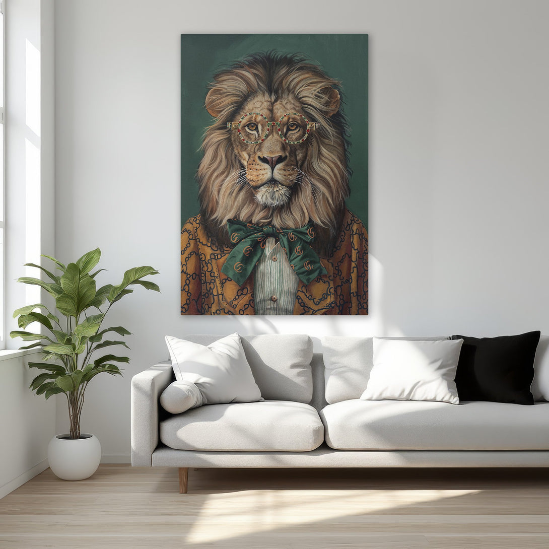 Framed Wall Art: Regal lion portrait in a gold frame. Earthy tones of brown, green, and gold create a luxurious and stylish interior accent.