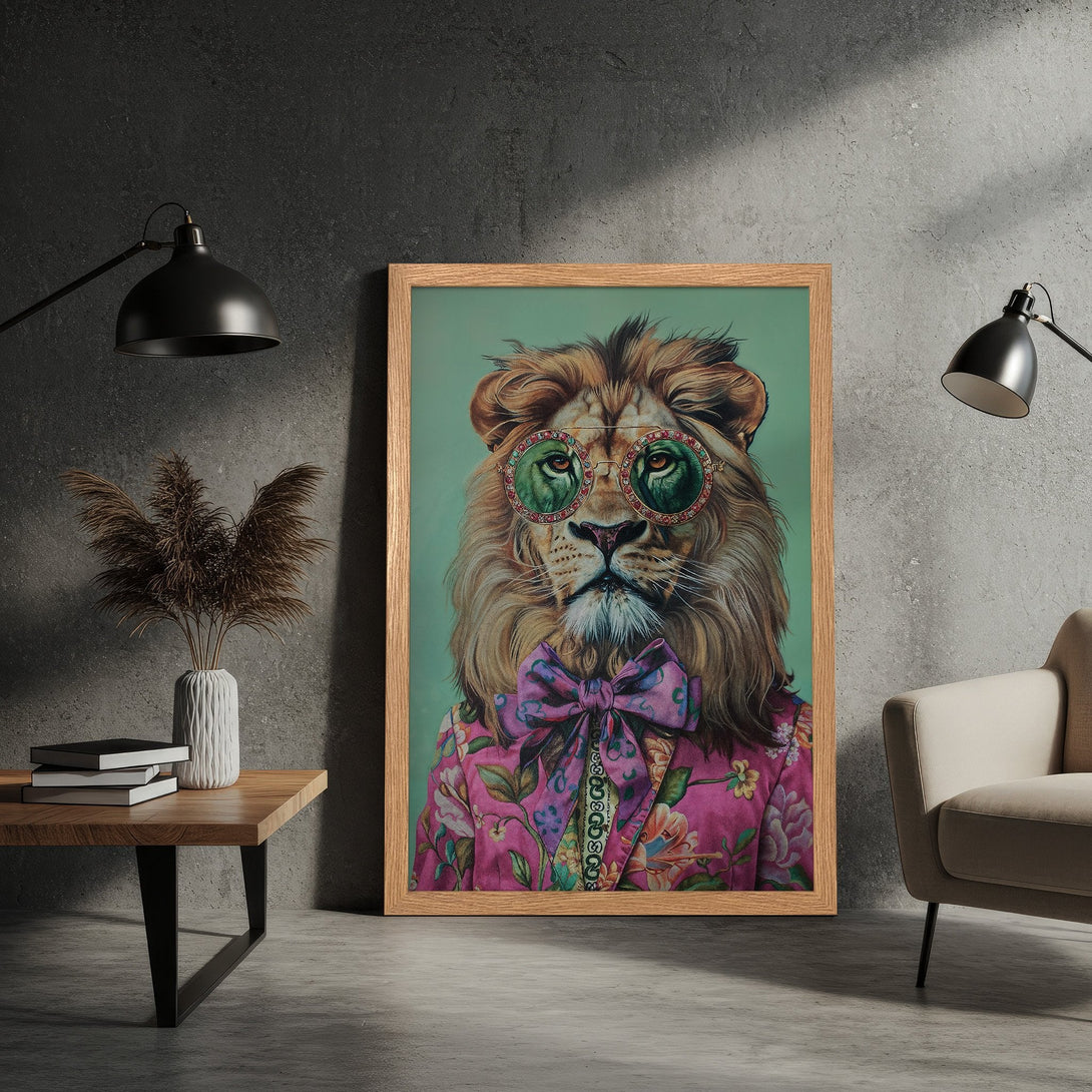 Framed Poster of a lion in sunglasses, stylish artwork with a vibrant pink and green color palette. Perfect wall decor!