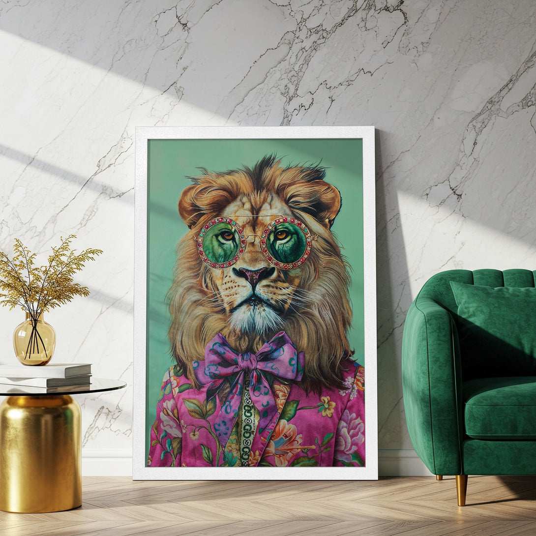 Framed Poster featuring a stylish lion in a pink floral jacket and sunglasses. Bold and colorful, perfect for wall decor.