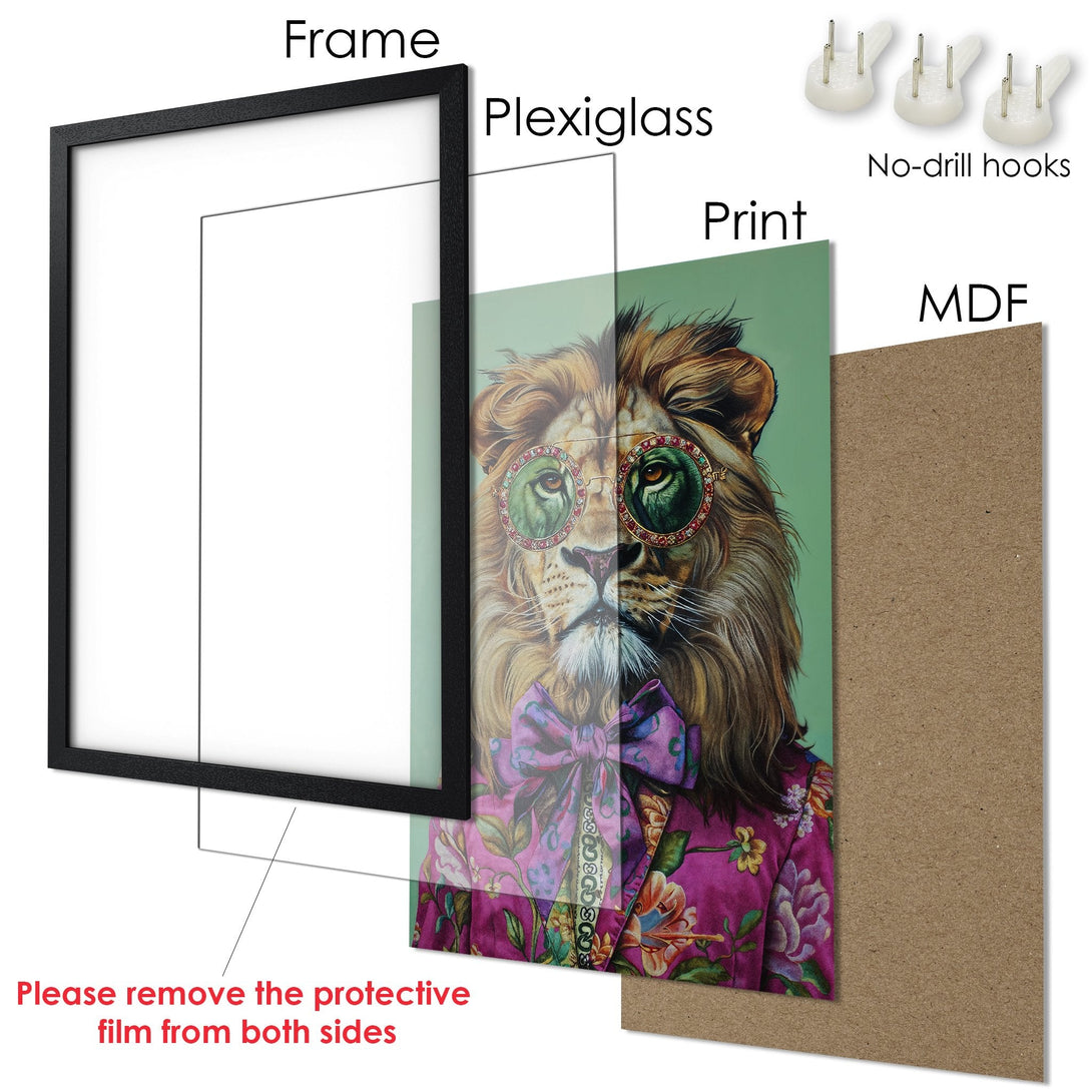 Framed Poster featuring a stylish lion in sunglasses, vibrant colors, and a whimsical art style. Perfect wall decor!