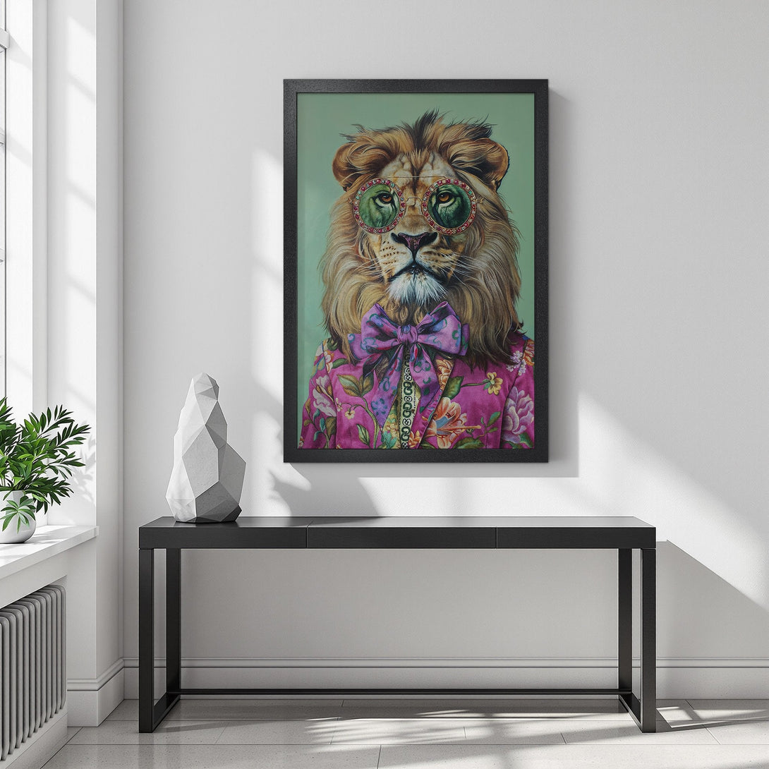 Framed Poster featuring a stylish lion in a floral suit. Vibrant pink & green color palette. Unique wall art for your home!