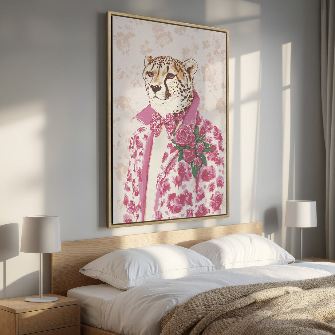 Framed Wall Art: Dapper cheetah in a floral pink jacket. Whimsical art with a blush and pink color palette, perfect for bedroom decor.