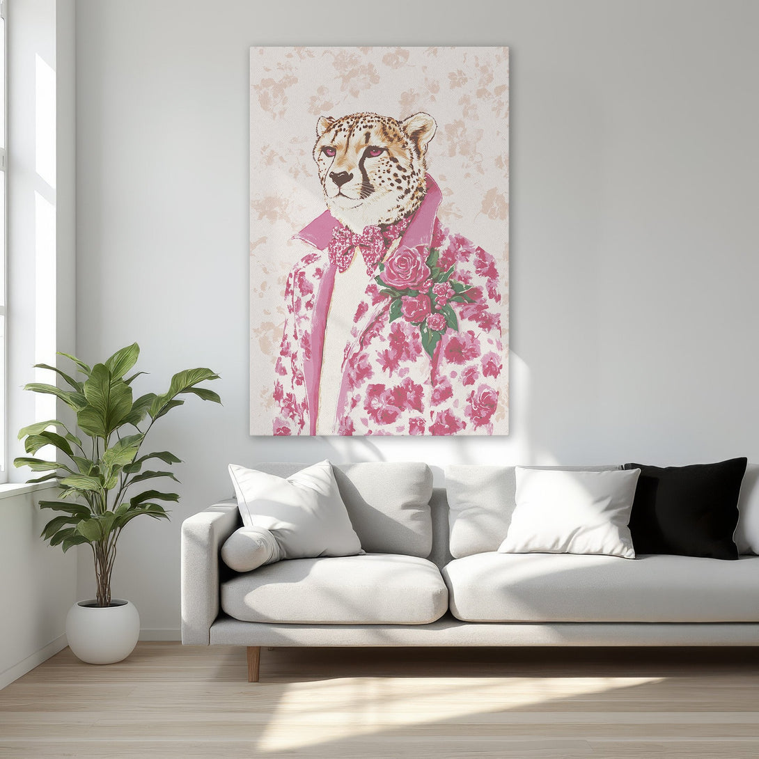 Framed Wall Art featuring a dapper cheetah in a pink floral suit. Stylish canvas print with a soft pink and neutral color palette, perfect for home decor.