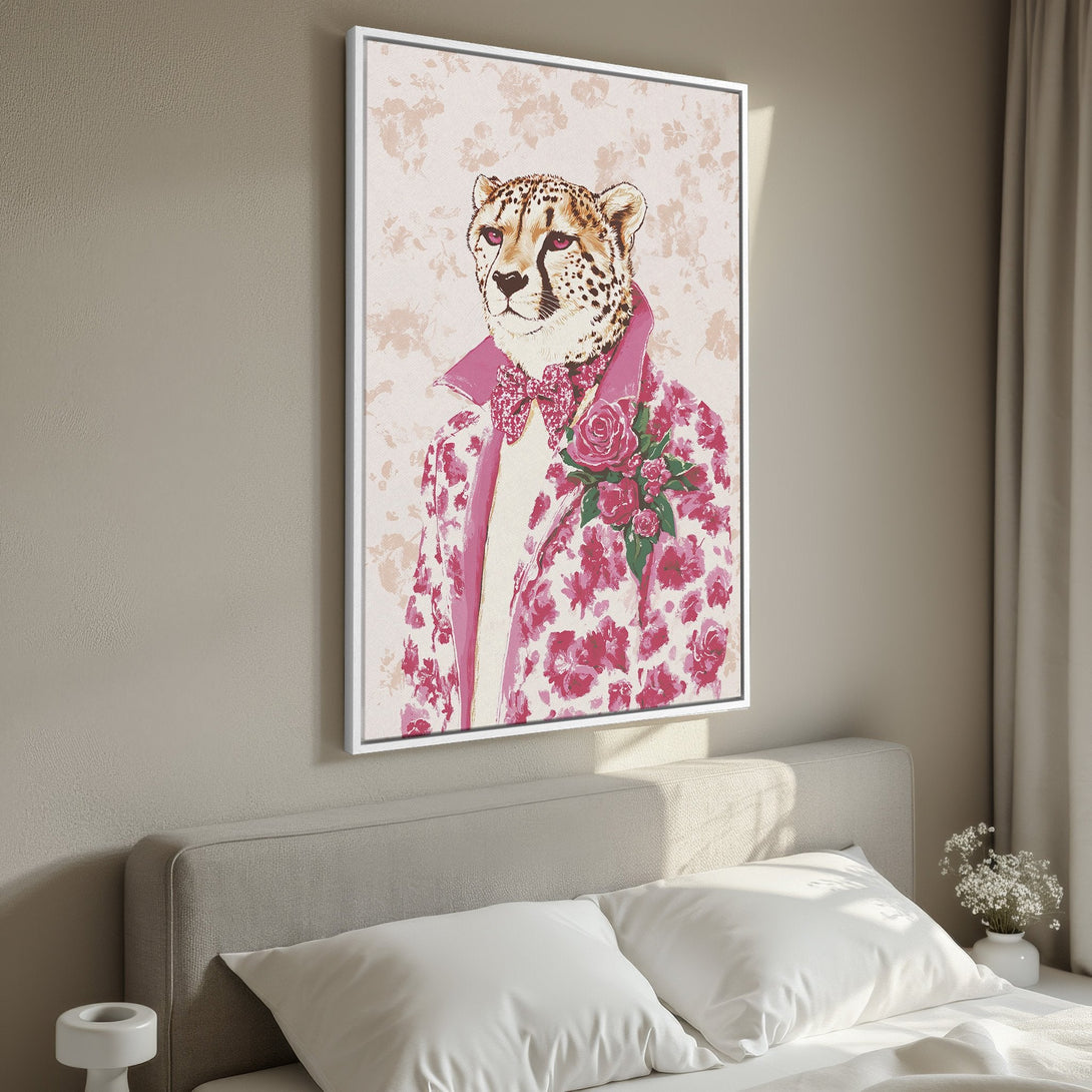 Framed Wall Art: Dapper cheetah portrait in pink floral jacket. Stylish canvas print adds a pop of color to any room. Perfect for modern home decor!