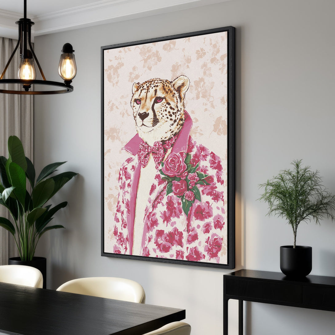Framed Wall Art: Stylish cheetah portrait in pink floral jacket. Perfect wall decor for a modern interior. Adds a pop of color and personality to any room!