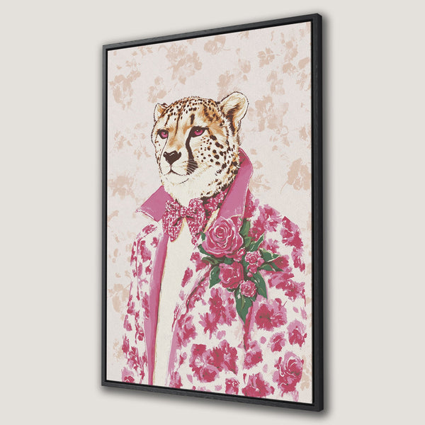 Framed Wall Art featuring a dapper cheetah in floral attire. Stylish, whimsical art in pink and neutral tones. Perfect for adding personality to your space.
