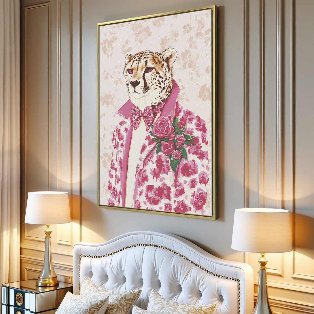 Canvas Print featuring a dapper cheetah in a pink floral suit. Modern, whimsical art with a pink and neutral color palette. Perfect wall decor!