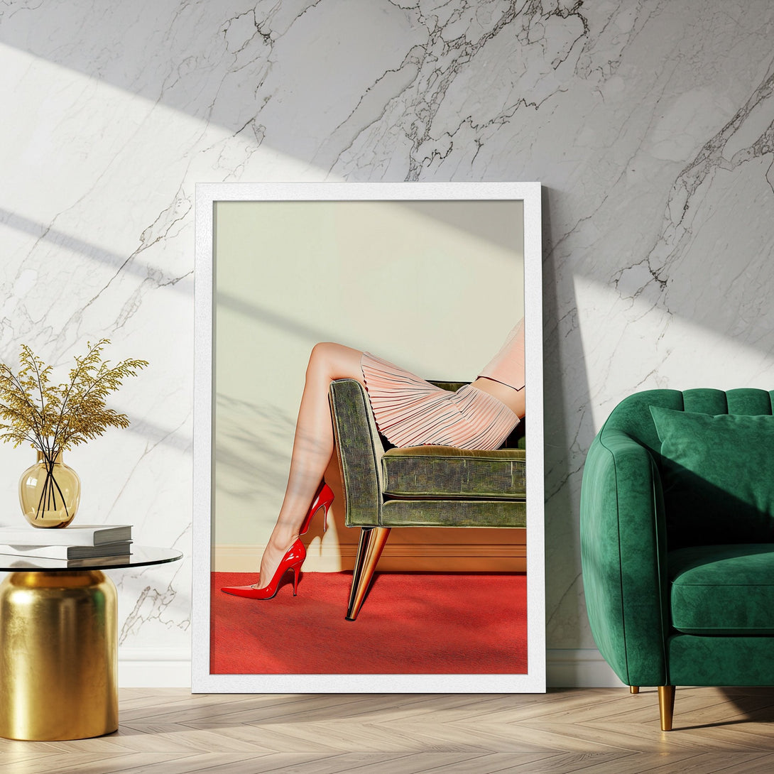 Framed Poster featuring legs in red heels, modern style, with a red, pink, and green color palette. Enhance your space!