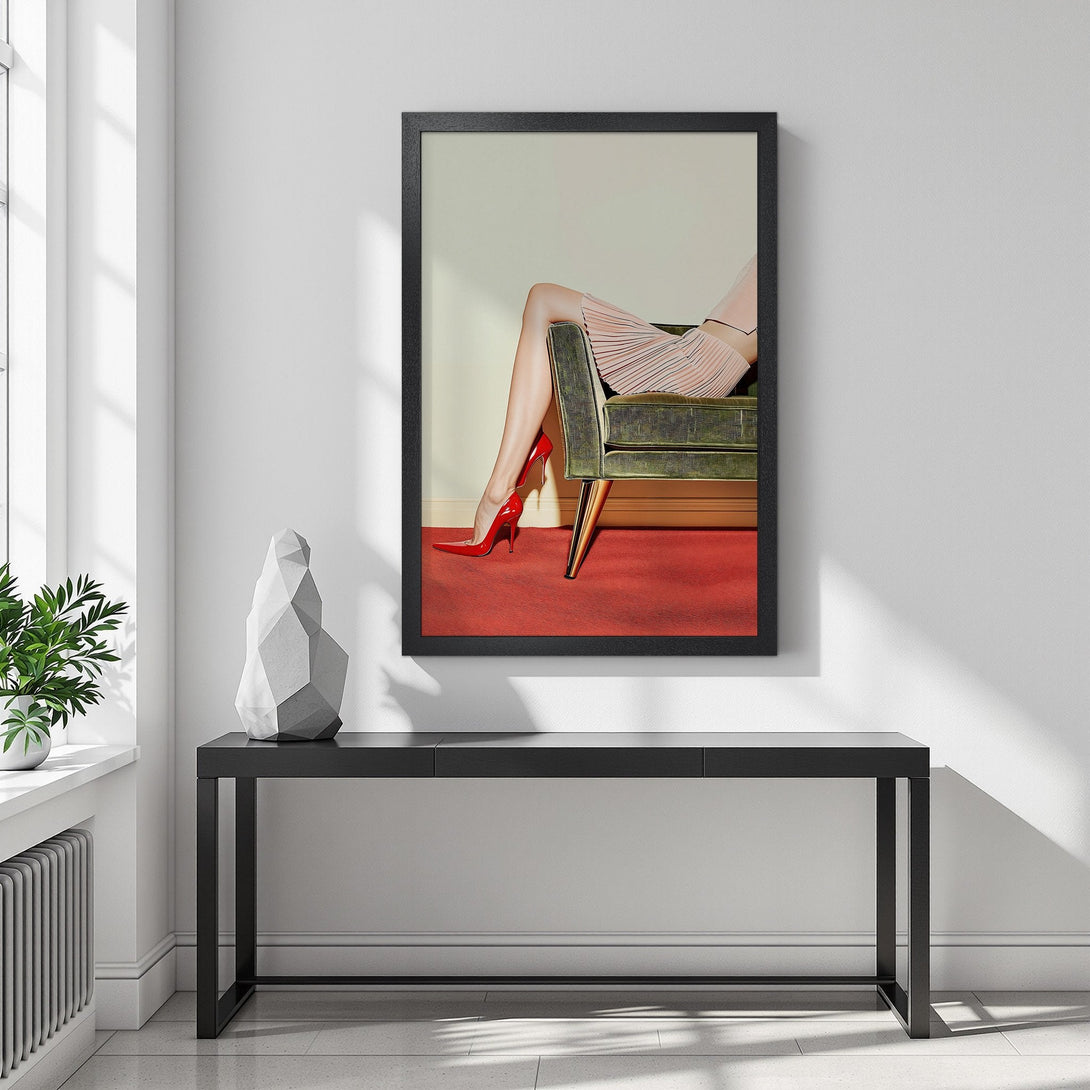 Framed Poster featuring legs in red heels. Modern style, neutral palette with pops of red. Perfect wall art for your home!