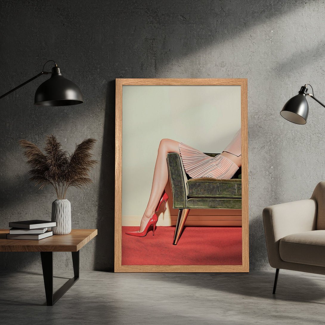 Framed Poster featuring a woman's legs and red heels, modern style. Color palette: red, pink, green, and neutral tones. Elevate your space!