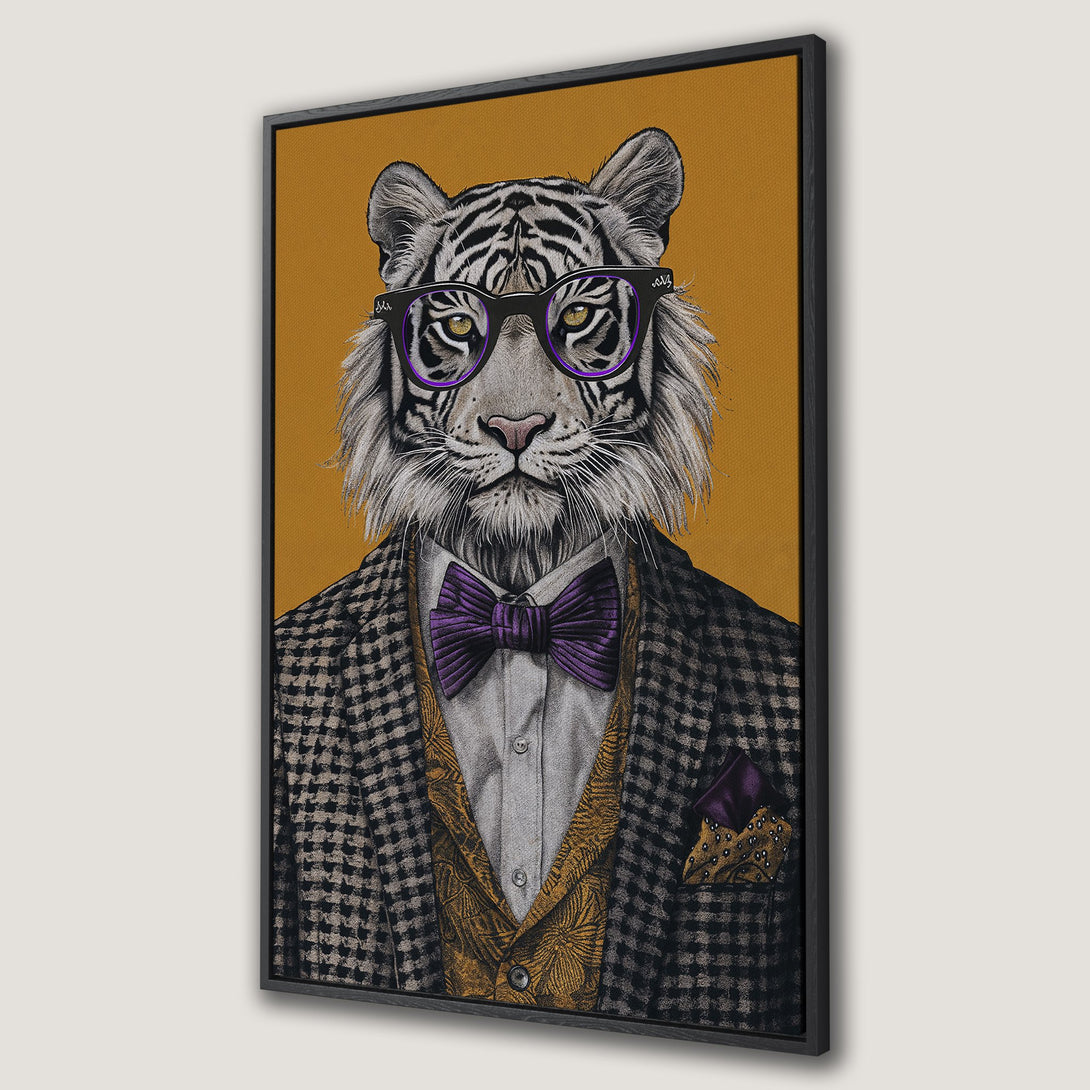 Framed Wall Art featuring a dapper tiger in a suit, with a mustard and purple color palette. Stylish animal portrait canvas print for home decor.