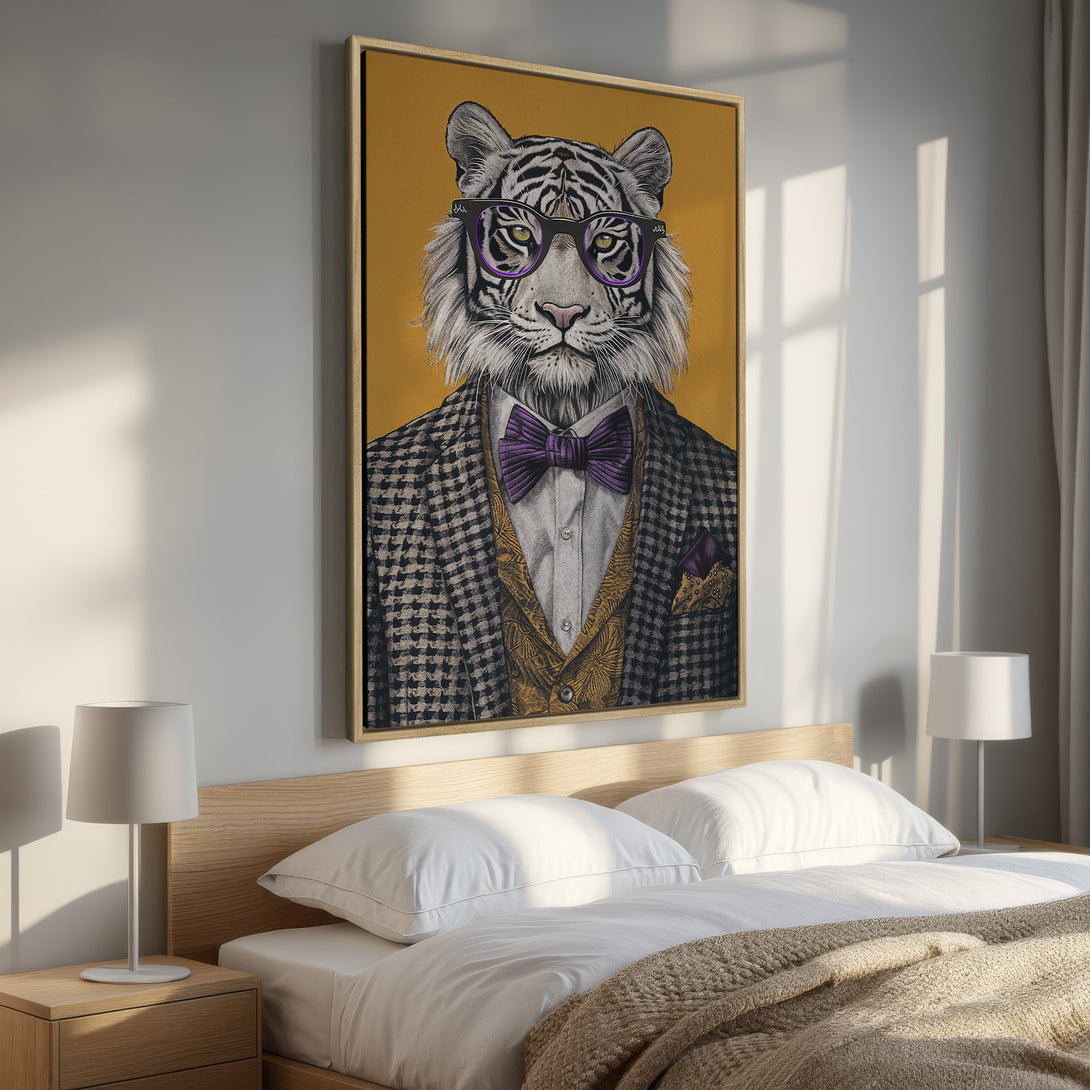 Framed Wall Art: Dapper tiger portrait in a bedroom. Features a whimsical, stylish design with a mustard, purple, and neutral color palette. Perfect for home decor.