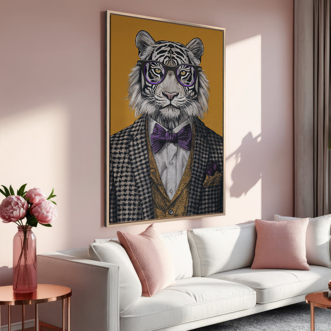 Framed Wall Art: Dapper tiger in a suit with glasses, set against a mustard background. Stylish art with a pink and gold interior color palette.