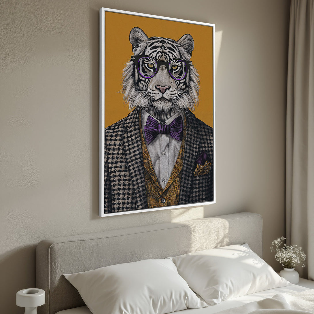 Framed Wall Art featuring a dapper tiger in a suit, set against a mustard yellow background. Stylish, modern art with a warm, neutral color palette.