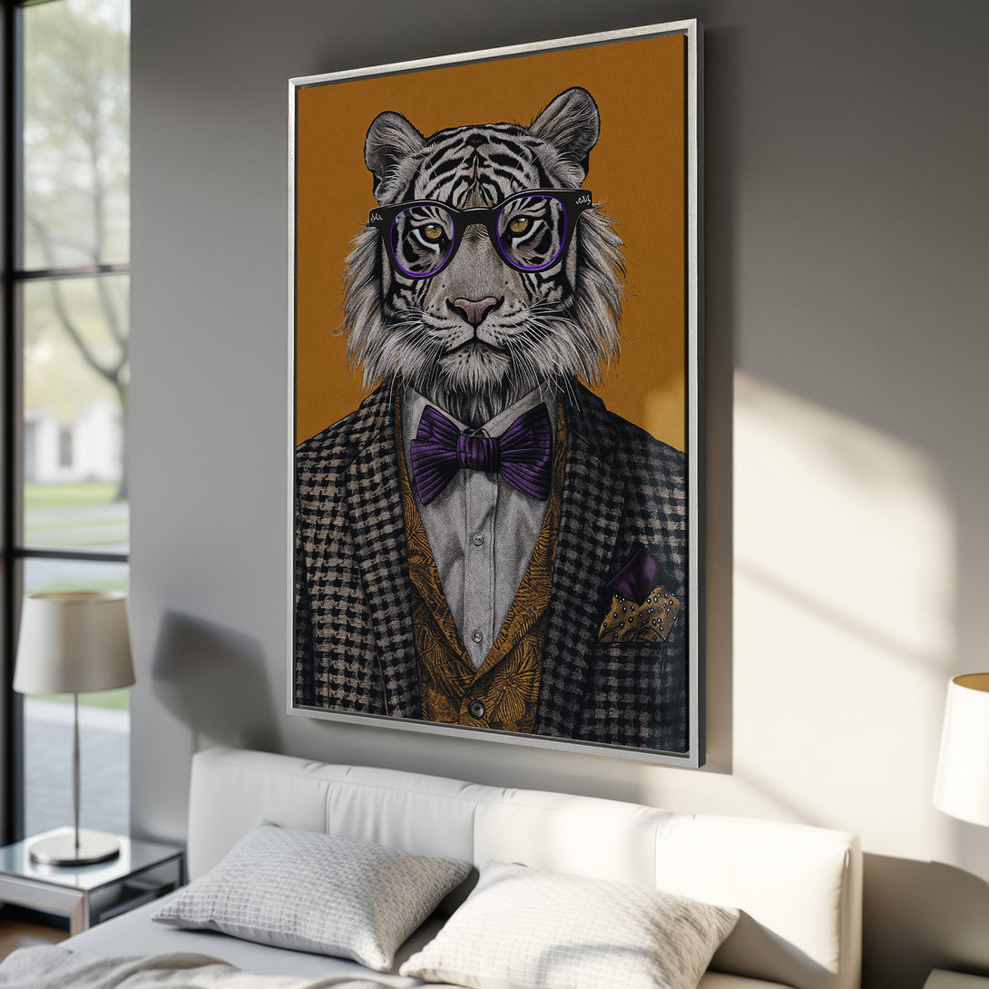 Framed Wall Art: Dapper tiger portrait in a suit with purple accents. Stylish animal art with a warm, neutral color palette. Perfect for modern home decor.
