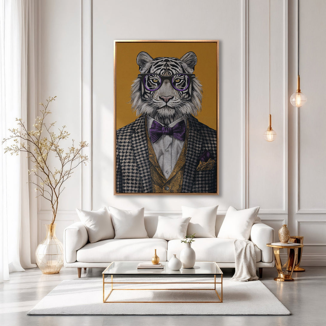 Framed Wall Art: Dapper tiger portrait in a modern interior. Stylish animal art with a gold frame, featuring a sophisticated color palette of gold, gray, and purple.