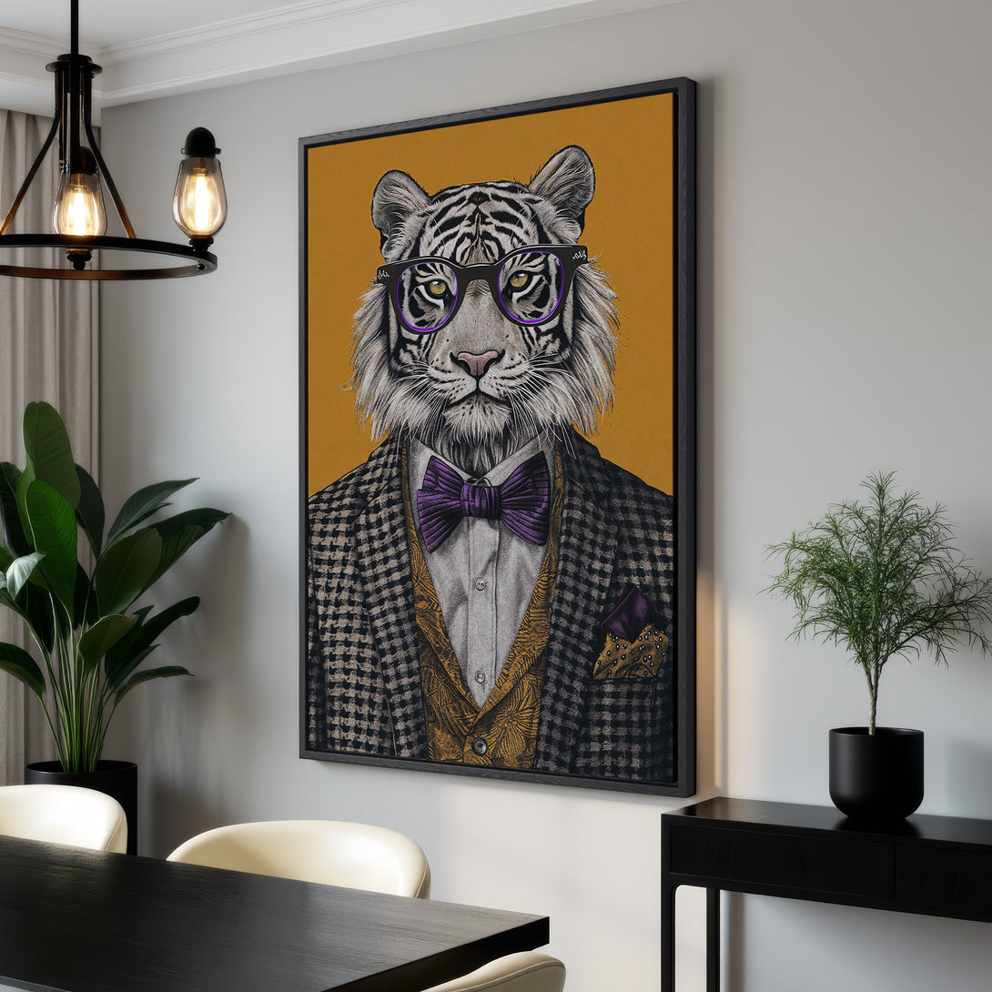 Framed Wall Art featuring a dapper tiger in a suit. Modern, stylish decor with a mustard, purple, and black color palette. Perfect for adding personality to your space.