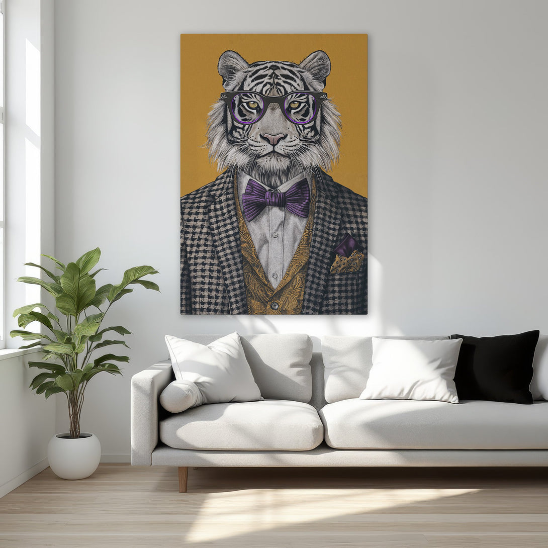 Framed Wall Art: Hipster tiger portrait in a gold frame. Stylish decor with a mustard, black, and purple color palette. Perfect for a bedroom.
